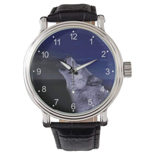 Montre Loup hurlant sur la lune dans la mer (devant)