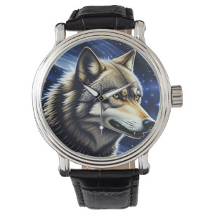 Montre Loup Majestueux Sous un Ciel Étoilé
