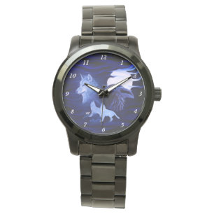 Montre Loups et corbeau avec pleine lune
