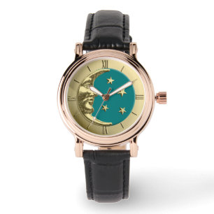 Montre Lune et étoiles d'art déco - Teal et or