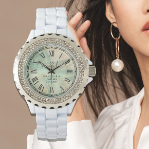 Montre luxe en aqua marbré avec strass pour femmes