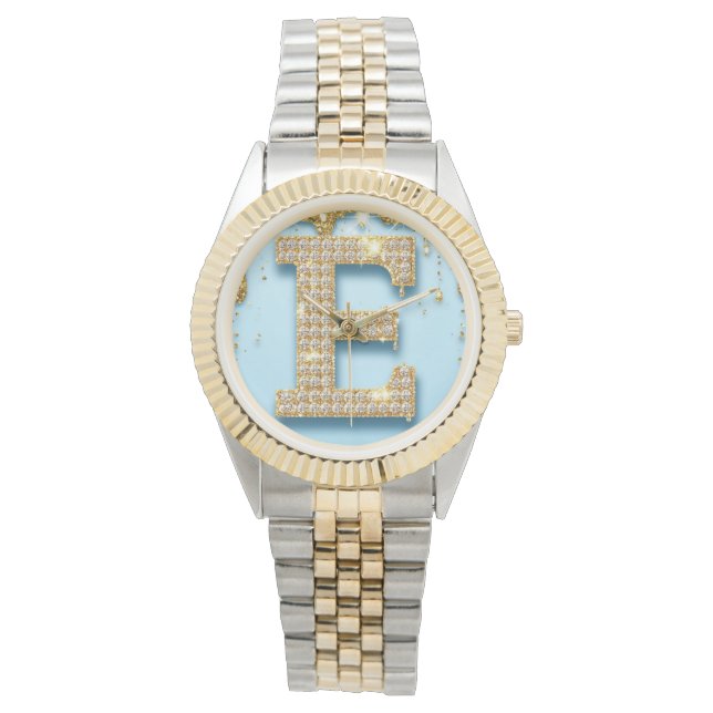 Montre Luxury Diamond Letter E on Gold Glitter Background (devant)