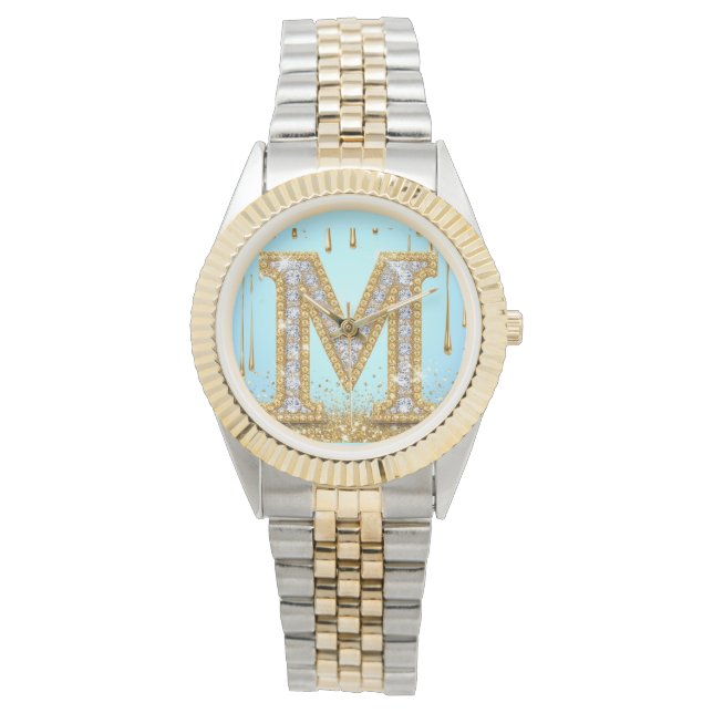 Montre Luxury Diamond Letter M on Gold Glitter Background (devant)