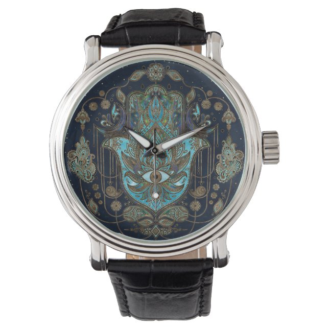 Montre Main de Hamsa - Main de Fatima Pierres Bleues (devant)