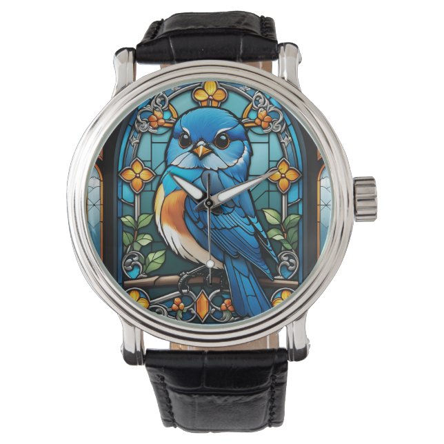 Montre Majestic Bluebird perchée sur une fenêtre en verre (devant)