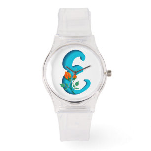 Montre Majuscule E monogramme floral