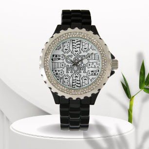Montre Maman de chat noir et blanc avec pattes de chat
