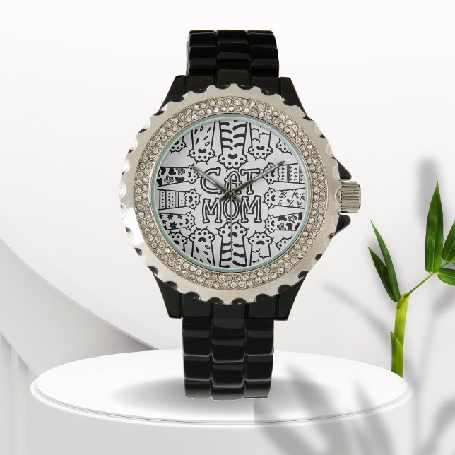 Montre Maman de chat noir et blanc avec pattes de chat (Créateur téléchargé)