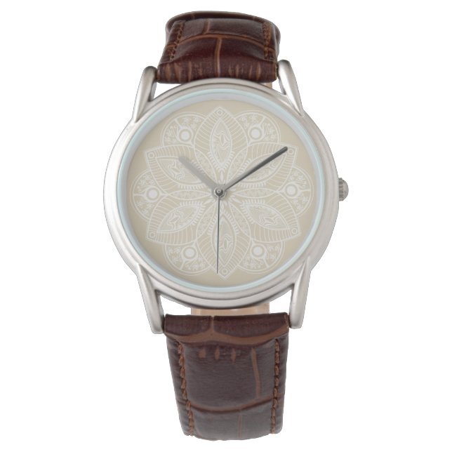 Montre Mandala blanc exotique sur Arrière - plan beige (devant)