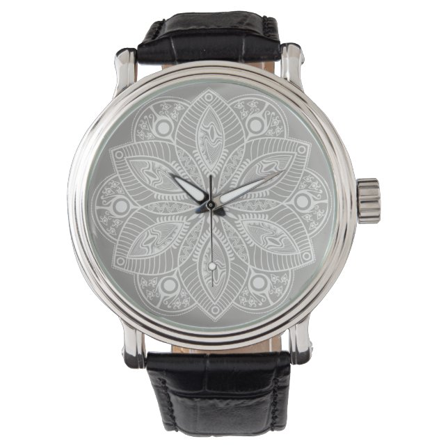 Montre Mandala blanc exotique sur Arrière - plan gris (devant)