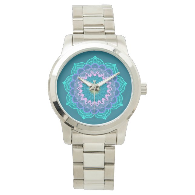 Montre Mandala Coloré sur Fond Bleu (devant)
