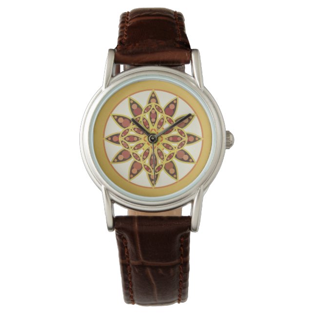 Montre Mandala motif dans les tons chocolat et or (devant)