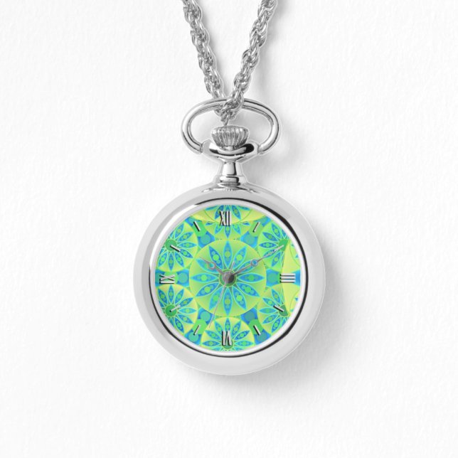 Montre Mandala motif, turquoise, bleu, vert citron (Recto)