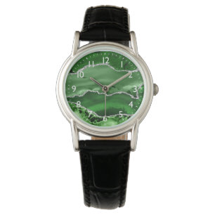 Montre Marbre d'agate de fausse brillance verte et argent