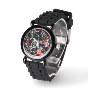 Montre Marbre rouge, blanc et noir Abstrait