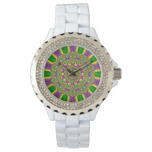 Montre Mardi Gras Vert Jaune violet Motif Mandala