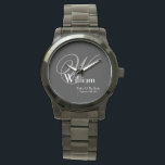 Montre Mariage Père De Mariée Cadeau Monogramme Cool Clas<br><div class="desc">Mariage Père De Mariée Cadeau Monogrammé Avec Nom Personnalisé Cool Classique Garde Black Watch. Cliquez sur personnaliser ce modèle pour le customiser avec l'initiale Monogram, le nom et la date de mariage rapidement et facilement. Mariage Père de la mariée Cadeau Monogramme Cool classique Montre, fait partie de la Collection Cadeaux...</div>