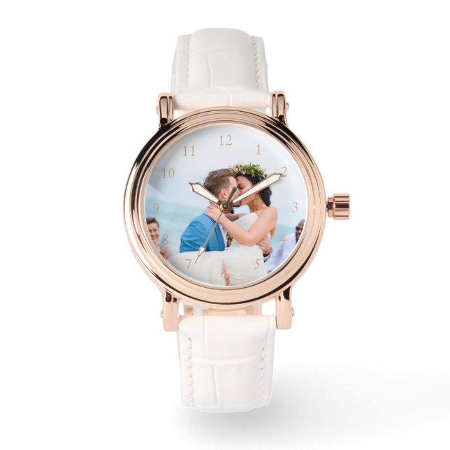 Montre Mariage Photo Elegant Rose or & cuir blanc (Recto)