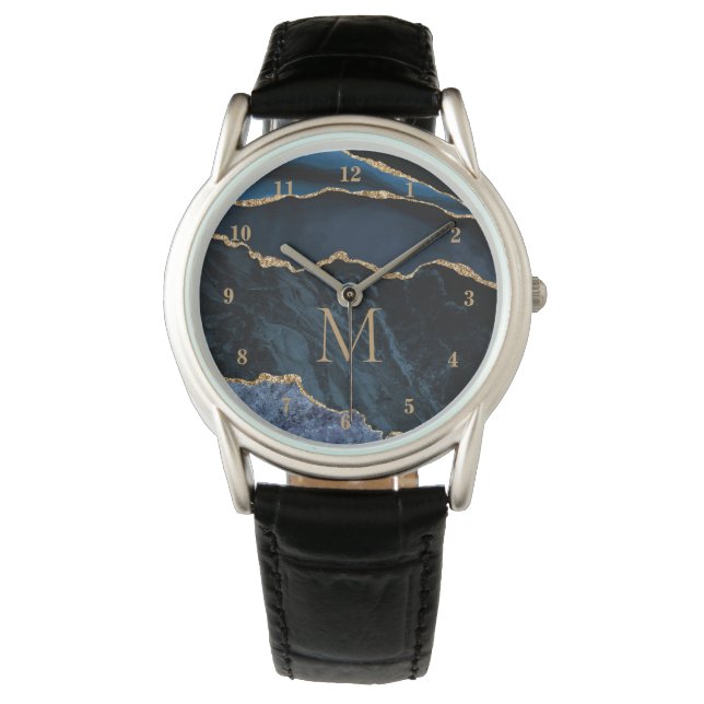 Montre Marine Blue Gold Marble Custom Letter Watch Cadeau (devant)