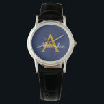 Montre Marine Blue Gold Modern Script Girl Monogramme Nom<br><div class="desc">Monogramme simple bleu marine et or Monogramme Nom Montre. Cela fait le cadeau parfait de remise de diplômes,  anniversaire,  mariage,  douche nuptiale,  anniversaire,  baby shower ou bachelorette pour quelqu'un qui aime le luxe glam et les styles chic.</div>