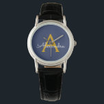 Montre Marine Blue Gold Modern Script Girl Monogramme Nom<br><div class="desc">Monogramme simple bleu marine et or Monogramme Nom Montre. Cela fait le cadeau parfait de remise de diplômes,  anniversaire,  mariage,  douche nuptiale,  anniversaire,  baby shower ou bachelorette pour quelqu'un qui aime le luxe glam et les styles chic.</div>