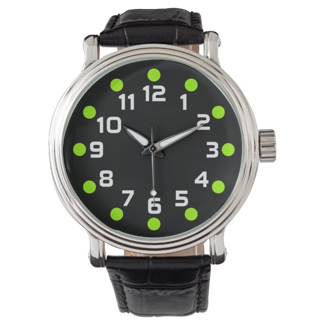 Montre Marqueurs de points - Chartreuse et blanc sur noir (devant)