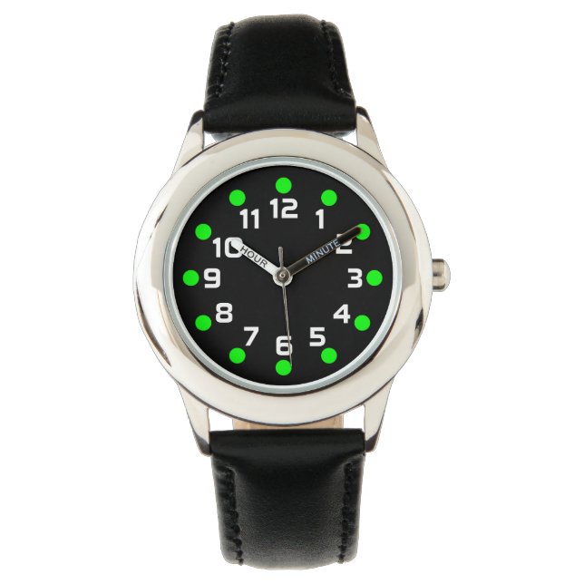Montre Marqueurs de points - vert et blanc sur noir (devant)