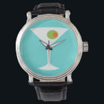 Montre Martini Movie Classique (turquoise)<br><div class="desc">Cette Montre Martini Movie Classique présente un arrière - plan turquoise et l'image d'une silhouette blanche d'un verre martini. A l'intérieur du verre se trouve une glorieuse olive verte avec un pimento orange. C'est une montre-bracelet amusante pour tous ceux qui souhaitent être un personnage dans un film classique. Réveille pas,...</div>