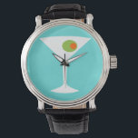 Montre Martini Movie Classique (turquoise)<br><div class="desc">Cette Montre Martini Movie Classique présente un arrière - plan turquoise et l'image d'une silhouette blanche d'un verre martini. A l'intérieur du verre se trouve une glorieuse olive verte avec un pimento orange. C'est une montre-bracelet amusante pour tous ceux qui souhaitent être un personnage dans un film classique. Réveille pas,...</div>