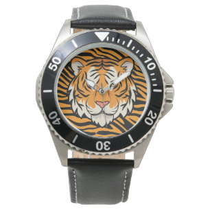 Montre Masculin, Visage de Tigre ,Fond de Peau de Tigre