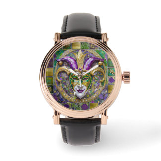 Montre Masque de Jester Mardi Gras Violet Vert Or