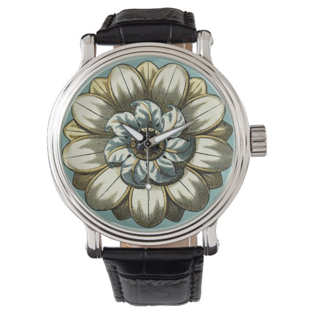Montre Médaillon floral orné sur Arrière - plan bleu clai (devant)