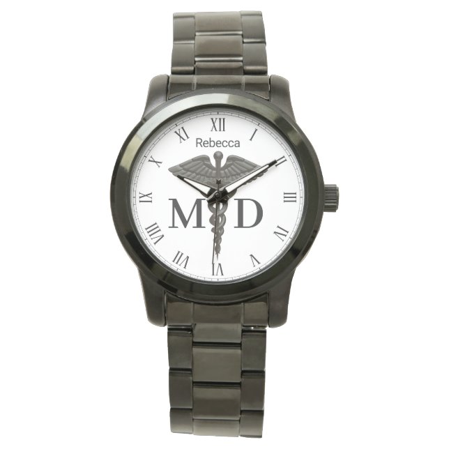 Montre Médicale Black Caduceus Docteur Médicale MD Femmes (devant)