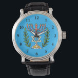 Montre Menorah Perse Et Magen David<br><div class="desc">Cette image a été adaptée à partir d'un carrelage juif perse antique et présente une menorah avec un Magen David (Étoile de David) encadré de branches d'olivier. Les imperfections de l'image originale peinte à la main ont été conservées.</div>