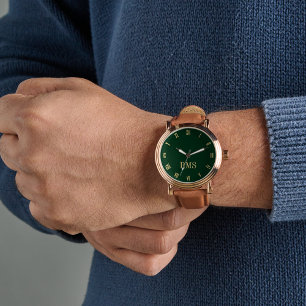 Montre Mens Green Gold Monogramme Brown bracelet en cuir