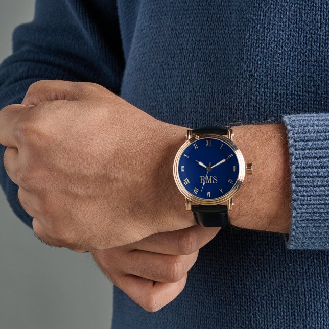 Montre Mens Navy Blue Gold Monogramme Black Leather Stran (Mens Navy Blue Gold Monogram Black Leather Strap Watch)