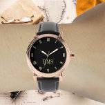 Montre Mens Rose Or Vintage initial noir bracelet en cuir<br><div class="desc">Créez votre propre personnalisation, personnalisée, élégant cool élégant unique classe en faux or et heures noires, monogrammed, mens rose or retro style vintage look style bracelet en cuir noir. Entrez simplement votre nom / monogramme / initiales, pour customiser. Fait un grand cadeau, pour l'anniversaire, la remise des diplômes, la fête...</div>