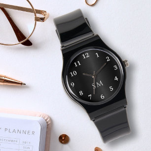 Montre Métal brossé noir et Initiales Monogrammes blancs