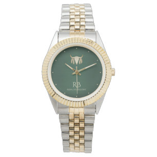 Montre métallique verte crâne de buffle doré