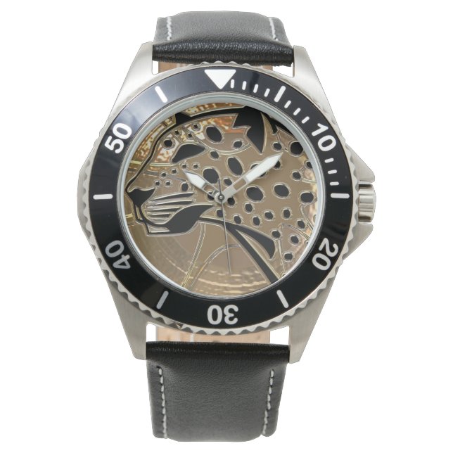 Montre Métallizer brillant argent et verre noir guépard (devant)