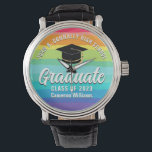 Montre Mete Rainbow Graduate Custom 2023 LGBTQ Graduation<br><div class="desc">Cette jolie montre de deuxième cycle coutume arc-en-ciel porte votre nom de lycée ou de collège pour la classe de 2023. Customisez avec votre année de graduation sous le script manuscrit chic et le casquette noir grad pour un grand cadeau personnalisé de remise de diplômes gardienne de bracelet bracelet pour...</div>