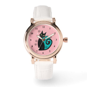 Montre Mi-siècle moderne Chat atomique rose bleu rétro
