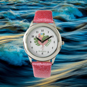 Montre mignon filles rose flamingo ajouter nom