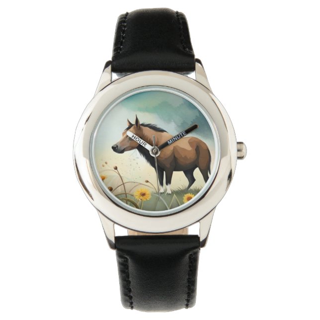 Montre Mignonne poney brun dans le champ floral (devant)