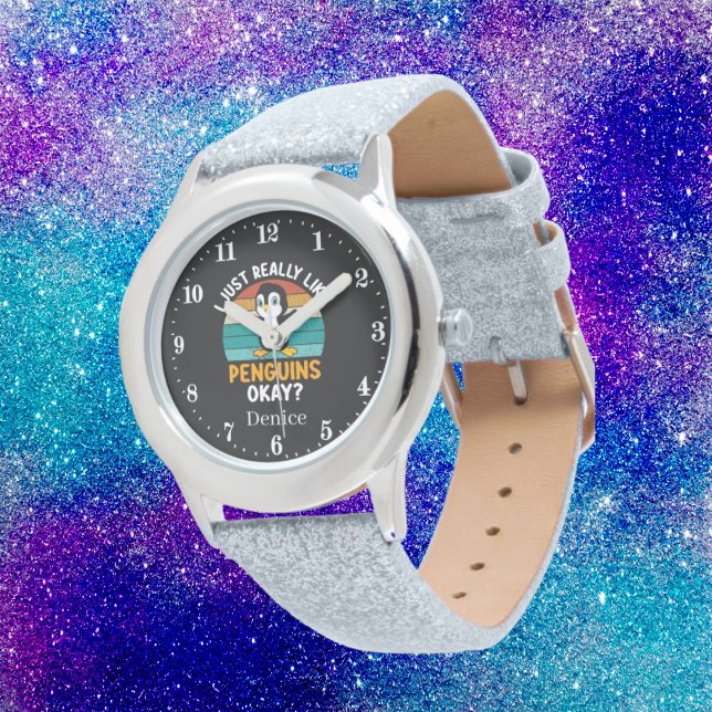 Montre mignonnes filles ajouter nom pingouin amoureux (Créateur téléchargé)