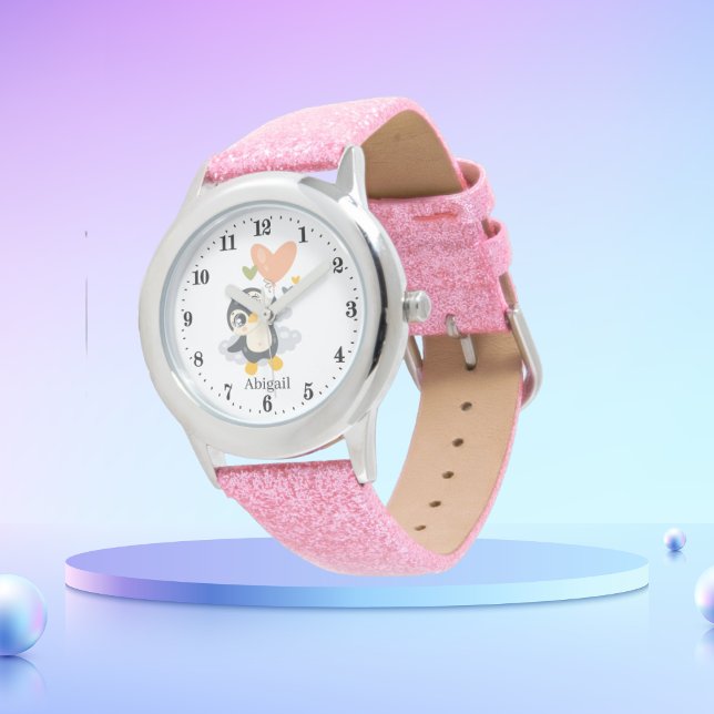 Montre mignonnes filles pingouins amoureux ajouter nom (Créateur téléchargé)