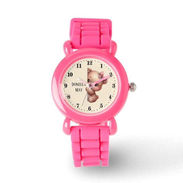 Montre Mignonnes filles regarder l'ours ajouter nom (Recto)