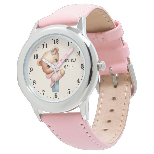 Montre Mignonnes filles regarder l'ours ajouter nom (Incliné)
