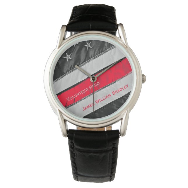 Montre Mince Red Line Drapeau Volontaire Pompier avec nom (devant)