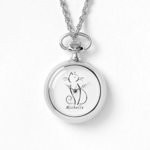 Montre Mini chat noir sur blanc ajouter nom